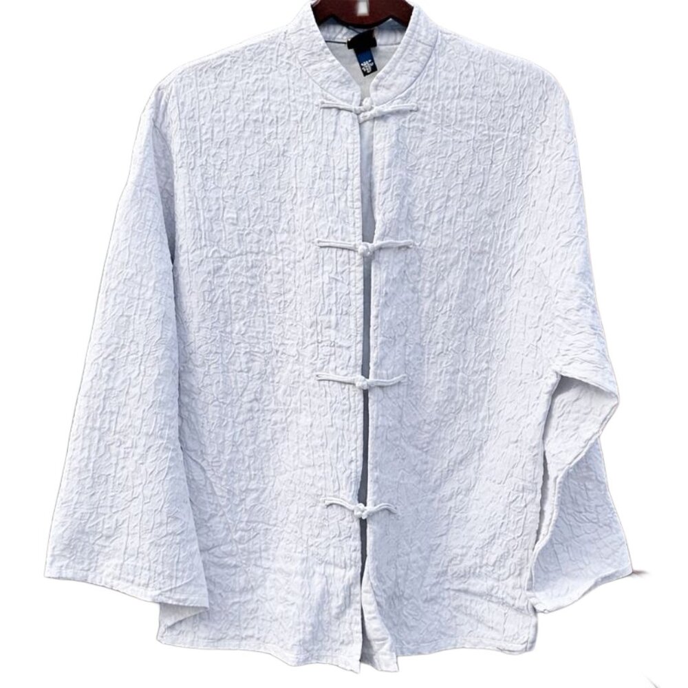 Eileen Fisher White Textured Mandarin-Style Frog Closure Jacket